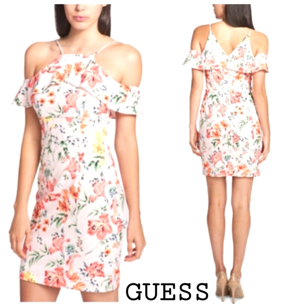 Guess Nwot Peach Floral Cold Shoulder Ruffle Neckline Sheath Dress